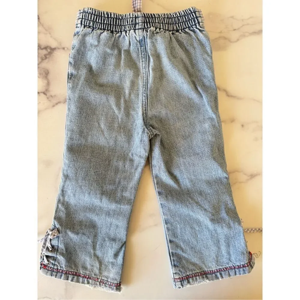 Girls toddler 2T flared light blue jean denim cross cross plaid belt y2k 100% co